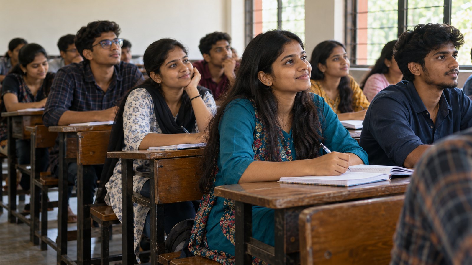 Indian college-age students aged 19 to 24 studying in a simple college classroom with wooden dual desks.