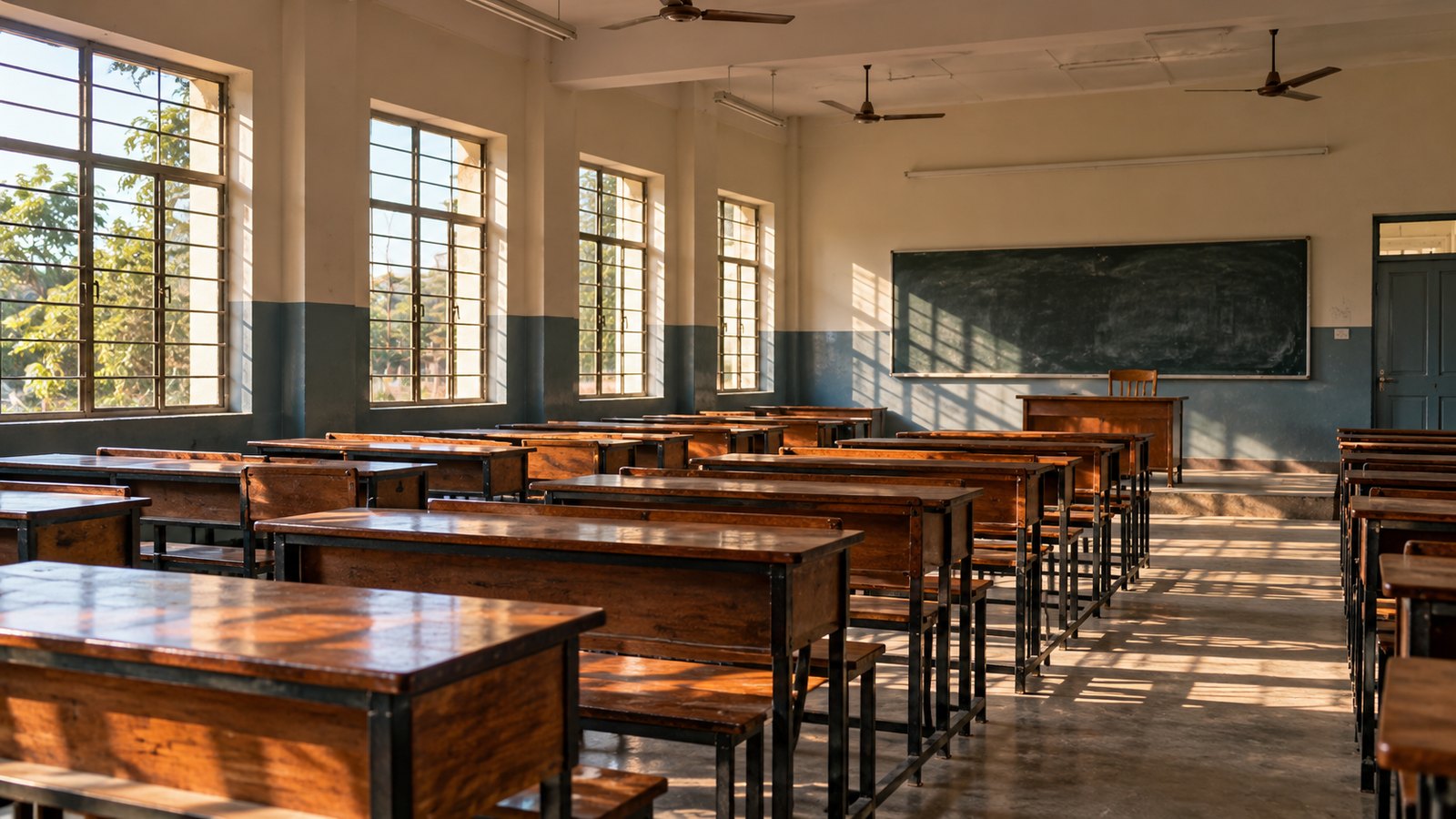 An empty classroom with rows of sturdy wooden dual desks.