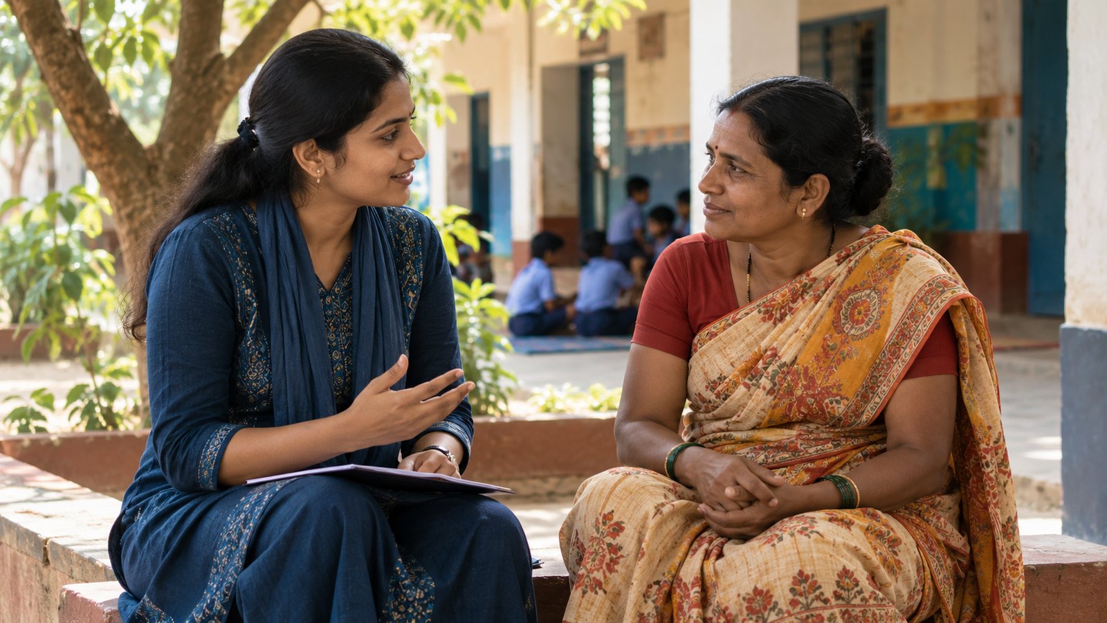 Indian adult female community educator speaking with a mother in a shaded school courtyard.