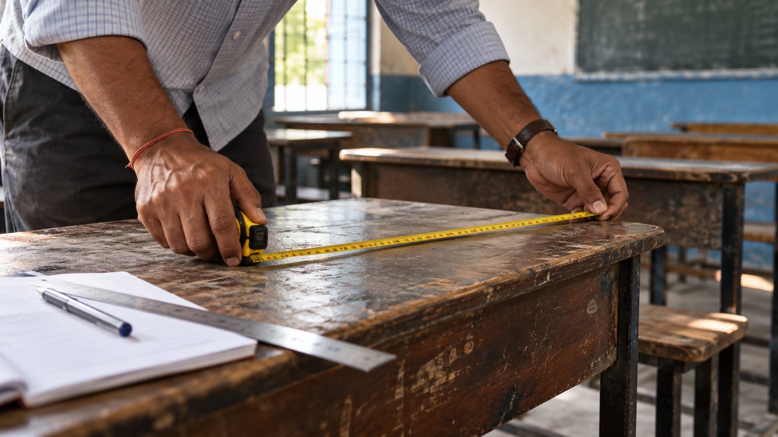 Close-up of adult hands measuring an old classroom desk with a tape measure.