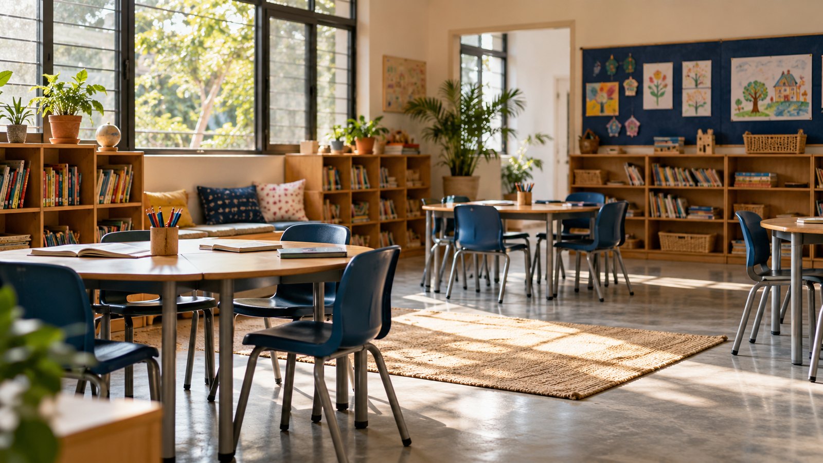 A sunny flexible school learning corner with low bookshelves.
