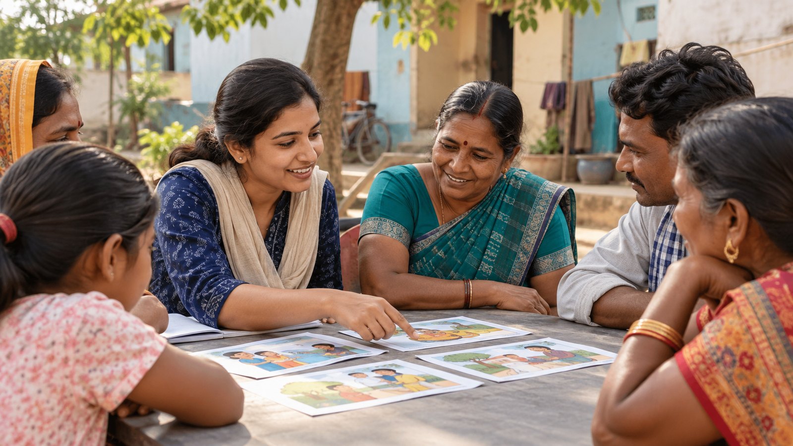 Indian adult community facilitator and residents looking over simple pictorial information cards at a neighborhood community table.