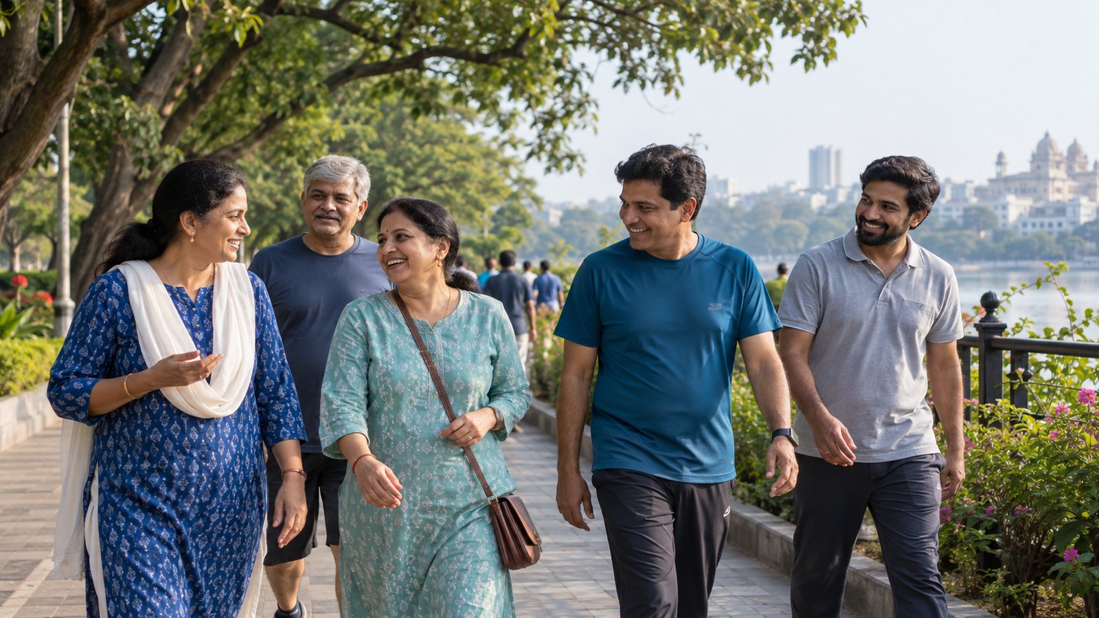 Adults walking together along a green urban path in the early morning.