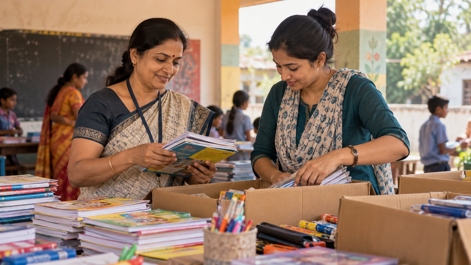 An Indian adult schoolteacher and an adult volunteer reviewing boxes of books and stationery on a community-center table.